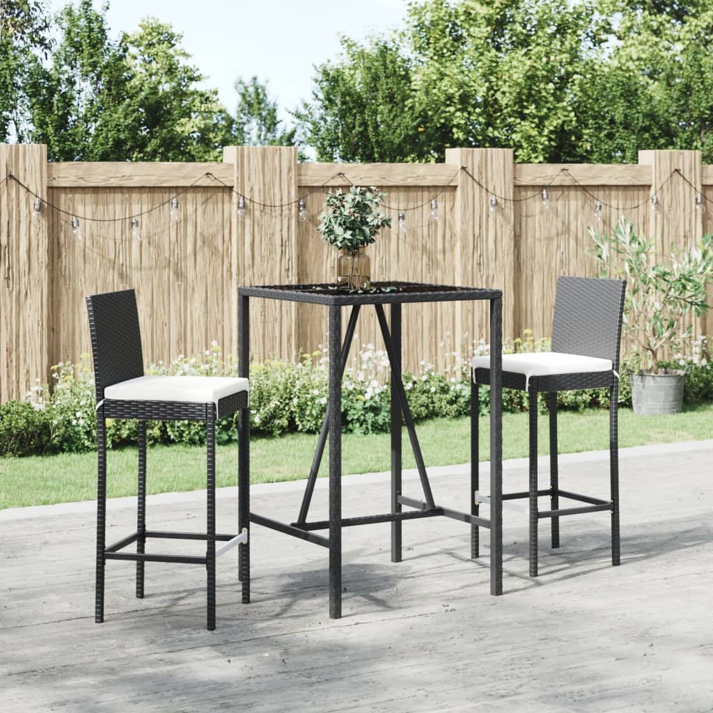 vidaXL Set Bar da Giardino 3 pz con Cuscini in Polyrattan Nero