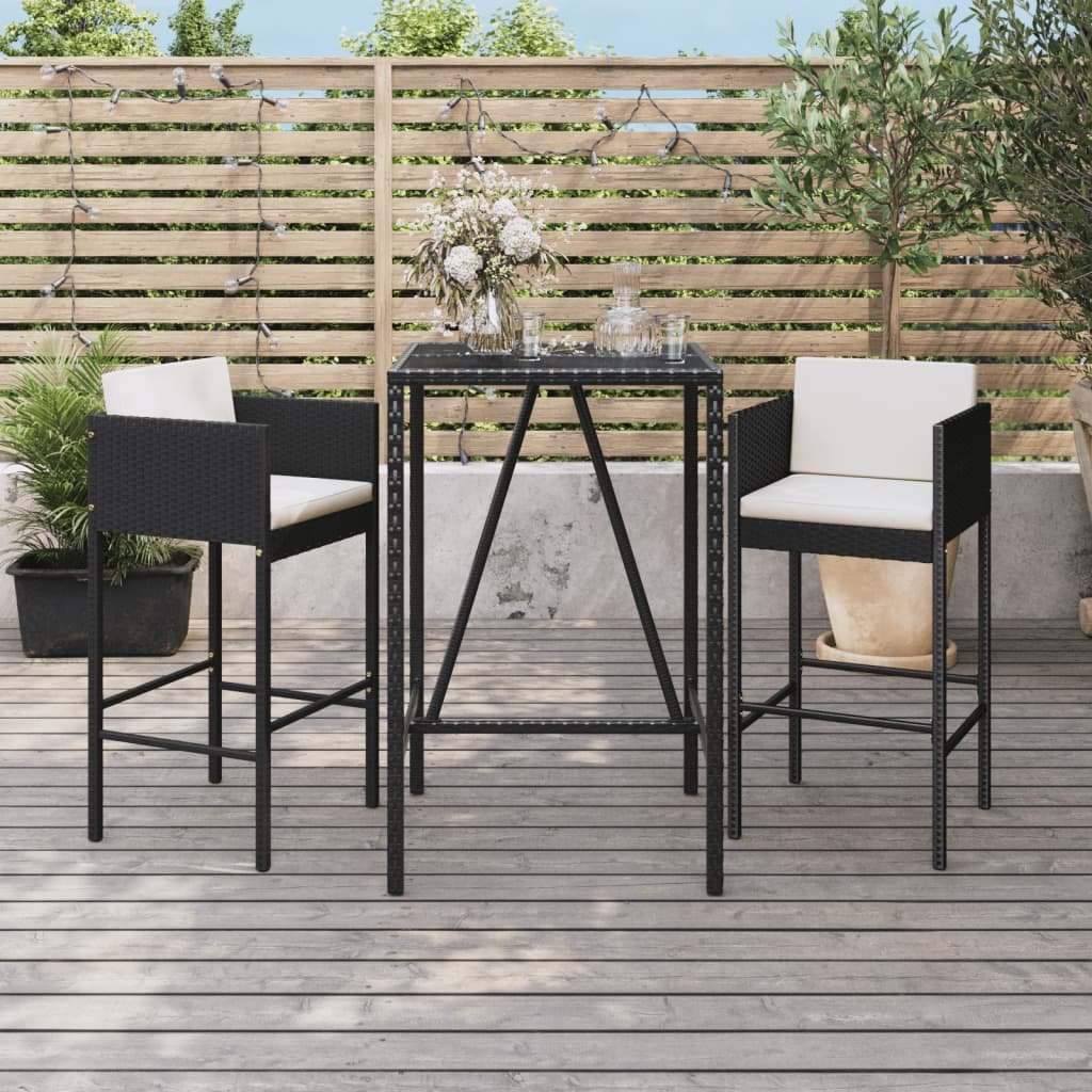 vidaXL Set Bar da Giardino 3 pz con Cuscini in Polyrattan Nero